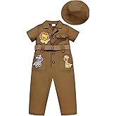 OBEEII Toddler Baby Safari Outfit Short Sleeve Jumpsuit + Hat Explorer Set Wild One Birthday Cake Smash Photoshoot