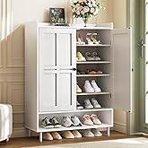 ComfyCorner White 7+1 Tier Farmhouse Shoe Storage Cabinet - 45" Tall Entryway Organizer with Cross Molding Doors, 3 Adjustable Shelves & Metal Legs, Shoe Rack for Front Door Entrance