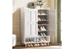 ComfyCorner White 7+1 Tier Farmhouse Shoe Storage Cabinet - 45" Tall Entryway Organizer with Cross Molding Doors, 3 Adjustable Shelves & Metal Legs, Shoe Rack for Front Door Entrance