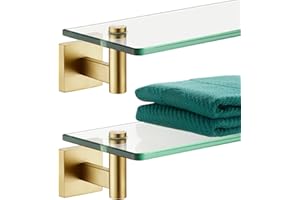 KOKOSIRI Wall Shelves Floating Shelf 20'' Gold Stainless Steel Bathroom Hardware Tempered Glass Hanging Rack Storage/Room Decor 2 Pack B1105BG-L20-P2