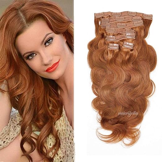 viviaBella Clip in Copper Hair Extensions Body Wave Human Hair 20 Inches Copper Red
