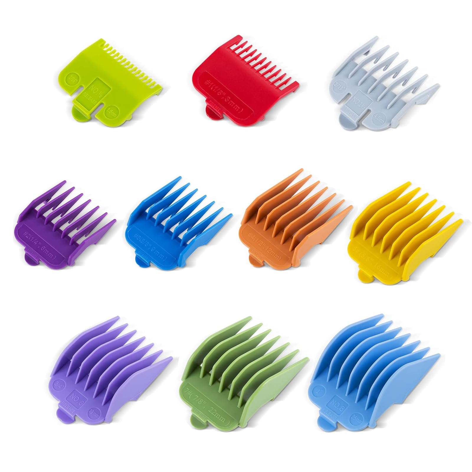 Photo 1 of 10 Pcs Color-Coded Hair Clipper Guards Cutting Guide Combs for Wahl and Surker Hair Clippers – Cutting Lengths from 1/16" to 1" (1.5mm to 25mm)