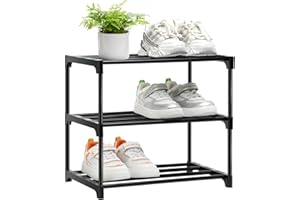Shoe Rack Stackable Small Shoe Racks 3 Tier Footware Storage, Metal Shoe Storage Self Organizer, Black Shoe Racks for Closet 