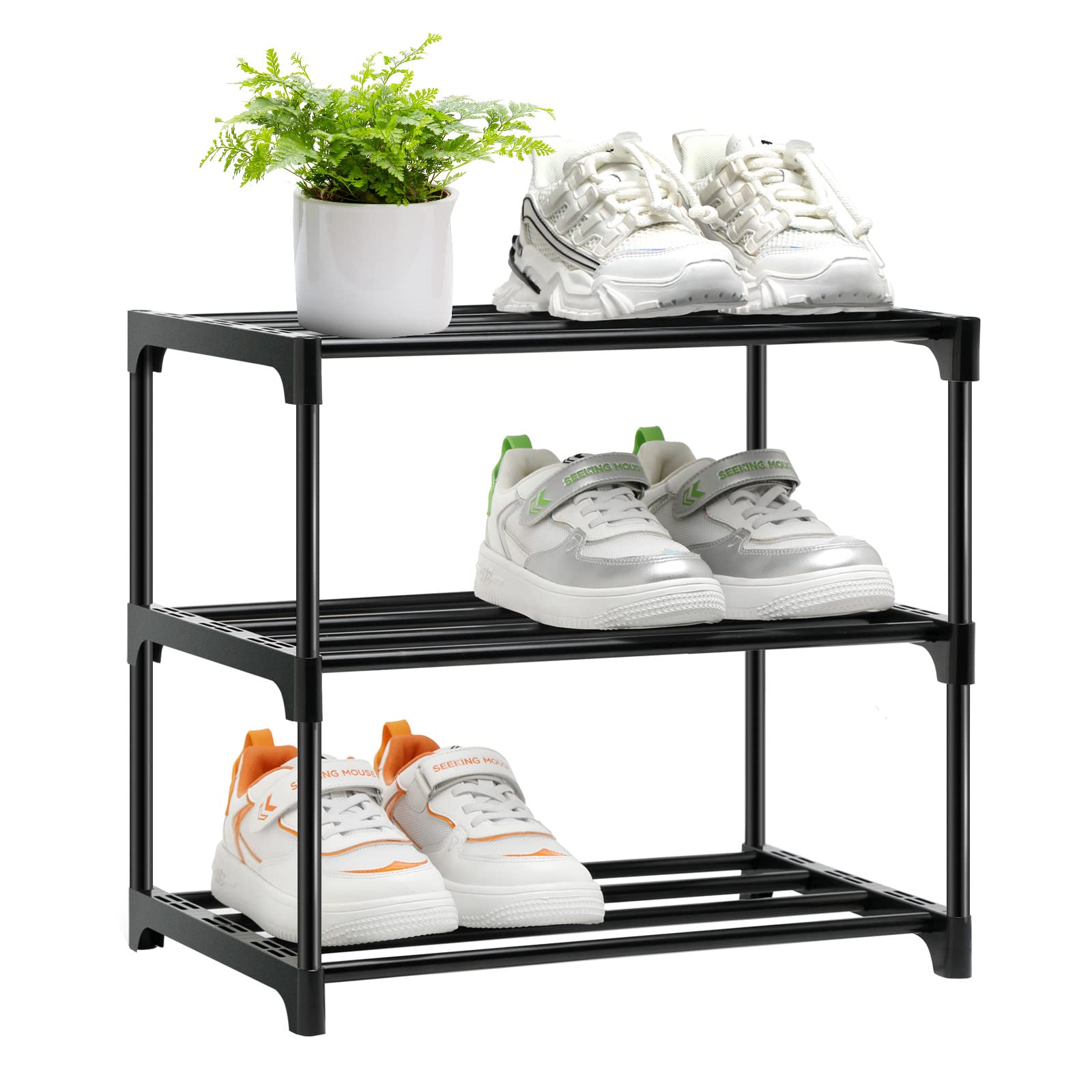 OLYREO Shoe Rack, Stackable Small Shoe Racks 3 Tier, Footware Storage, Slim Shoe Rack Storage Organizer, Black Shoe Stand for Hallway, Bedroom,Quick Assembly