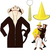 Velmitten 3 Pcs Halloween Monkey Costume for Woman Yellow Hat Polka Dot Tie Set for Man Halloween Curious Couple Cosplay