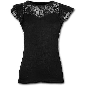 Spiral Damen Gothic Elegance - Lace Layered Cap Sleeve Top Black T-Shirt