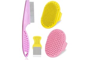 Aoche 4Pack Pet Grooming Brush Kit, Dog Bath Brush, Massage Brush, Flea Comb, Cat Tear Stain Comb, Pink+Yellow