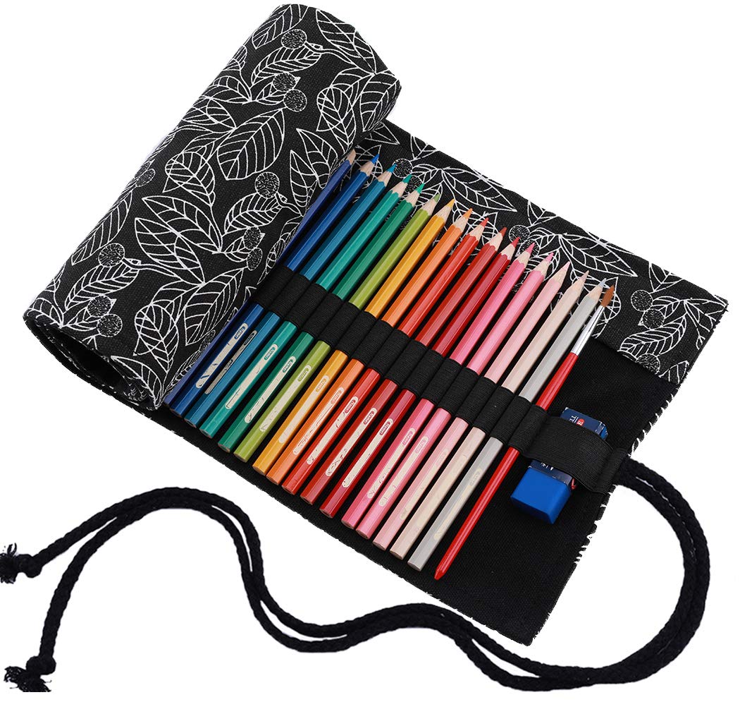 Amoyie Roll Up Pencil Case for Coloured Pencils, Foldable Colouring Pens Organiser Bag, Artist Wrap, Canvas Holder, 48 Holes Black Leaf