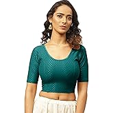 Fressia Fabrics Round Neck Pure Dobby Cotton Stretchable Elbow Sleeve Readymade Saree Blouse for Women Stylish (208_tealgreen) Teal Green