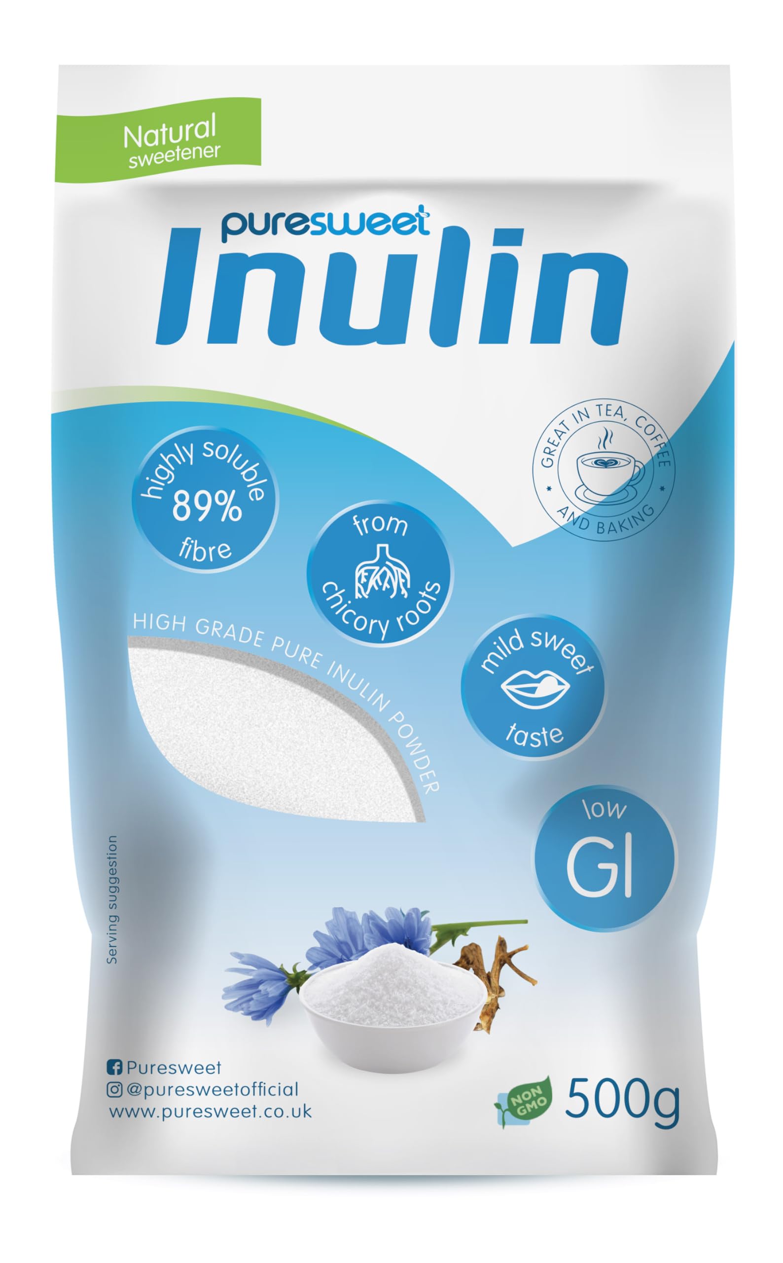 Inulin Prebiotic Fibre Powder 500g by Puresweet®, Chicory Root, Highly Soluble, Made in The EU, Fructo Oligosaccharide (FOS), Gluten Free, Vegan.