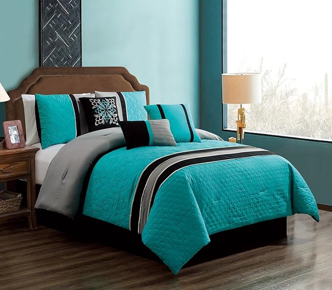 GrandLinen 5 Piece Teal Blue/Grey/Black Embroidery Bed In A