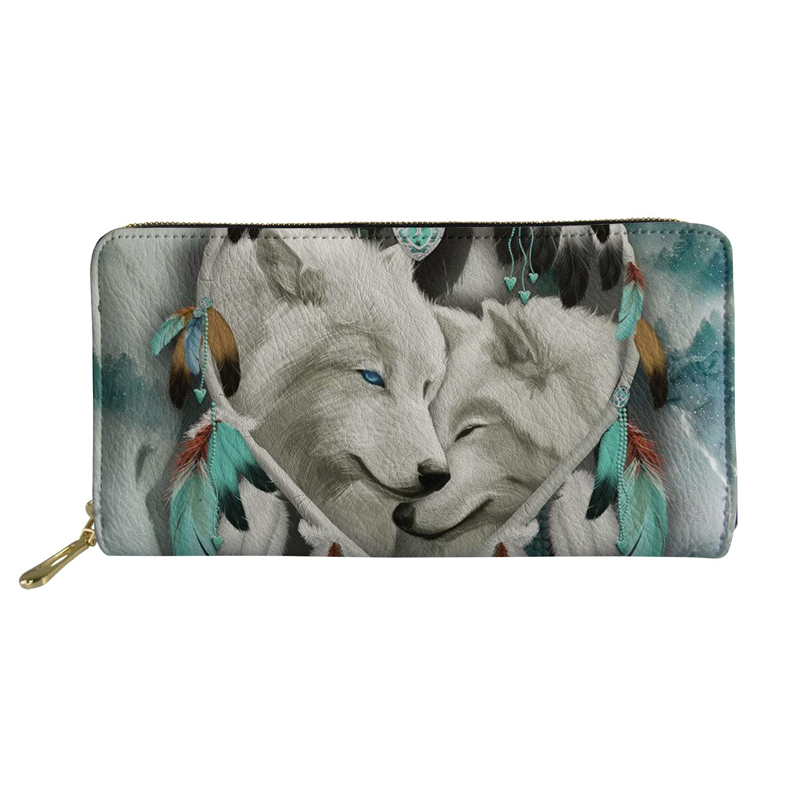 Showudesigns Dreamcatcher Wolf Purse Womens Wallet with Zipper Clutch Multi Card Case Money Bag Credit Card Holder Travel Organizer Portable