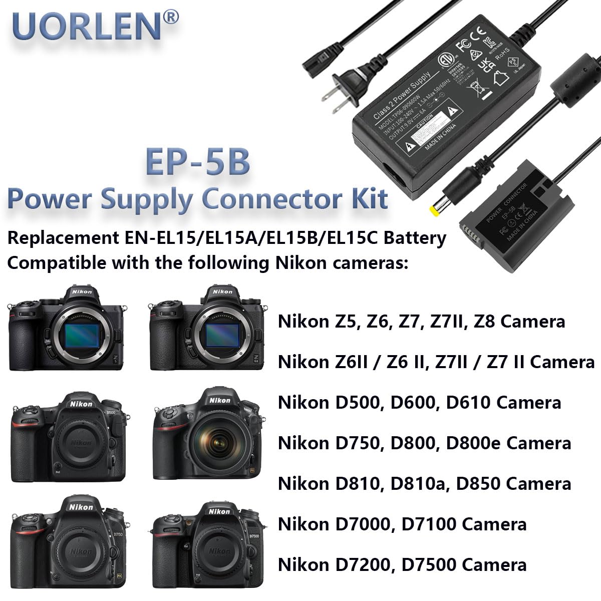 UORLEN EP-5B Power Supply Connector EH-5b AC Adapter EN-EL15c Dummy Battery Kit for Nikon Z5 Z6 Z6II Z7 Z7II Z8 D500 D610 D750 D780 D800 D800e D810 D850 D7000 D7100 D7200 D7500 Cameras