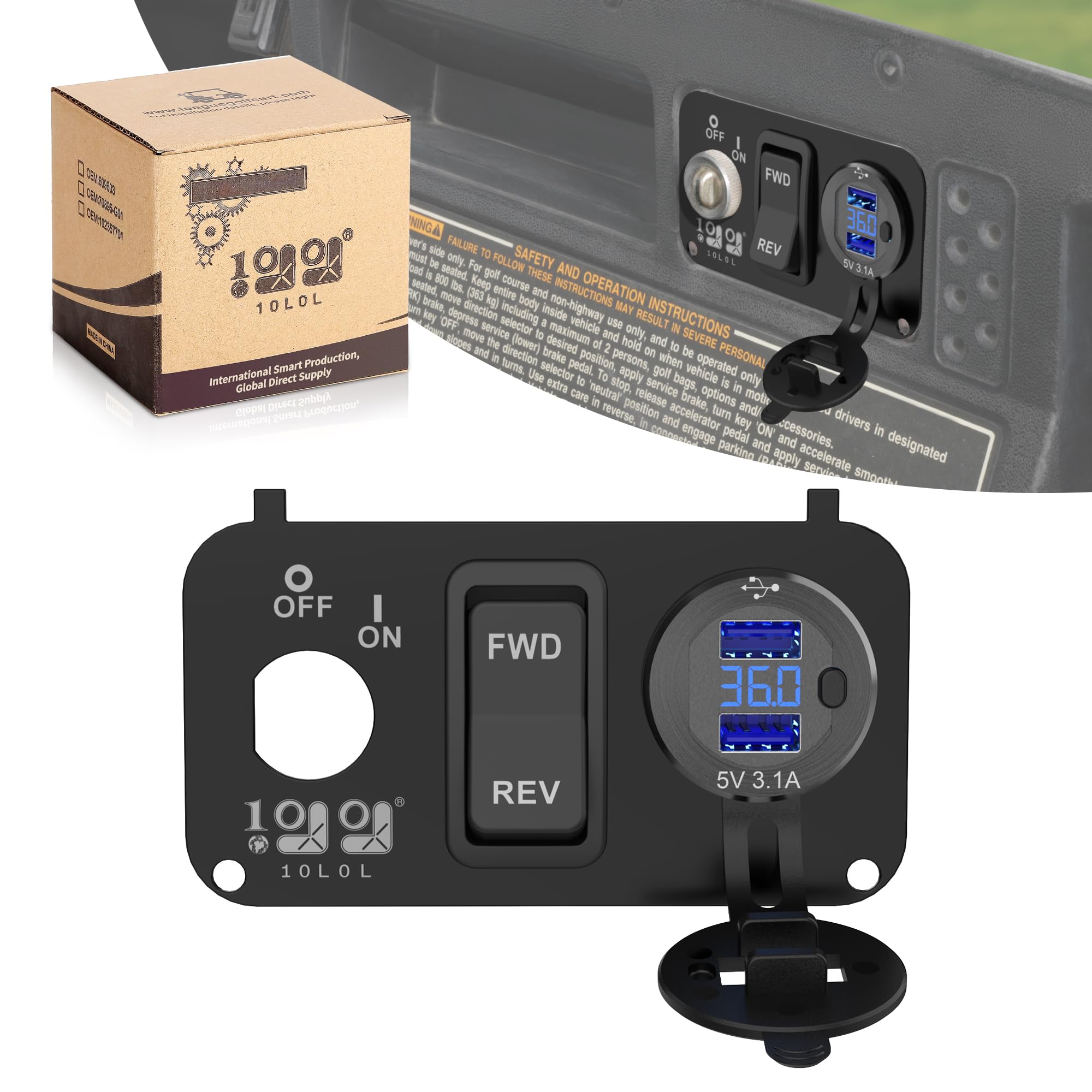 Photo 1 of 10L0L Golf Cart Key Switch Console Plate for EZGO TXT & Medalist, Includes Forward Reverse Switch, USB Charger Socket, Digital Volt Meter