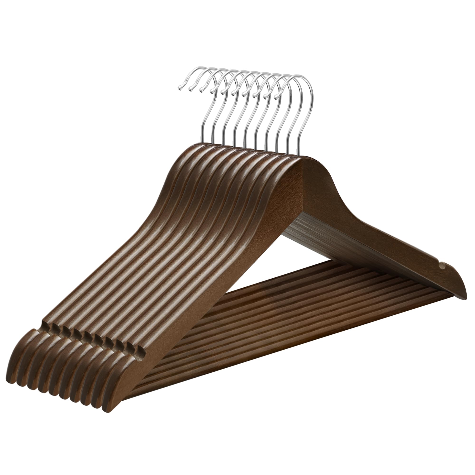 SONGMICS Wooden Clothes Hangers, Set of 10, Coat Hangers with Shoulder Notches, 360° Silver Swivel Hook, for Suits, Shirts, Coats, Dark Walnut CRW001KZ05