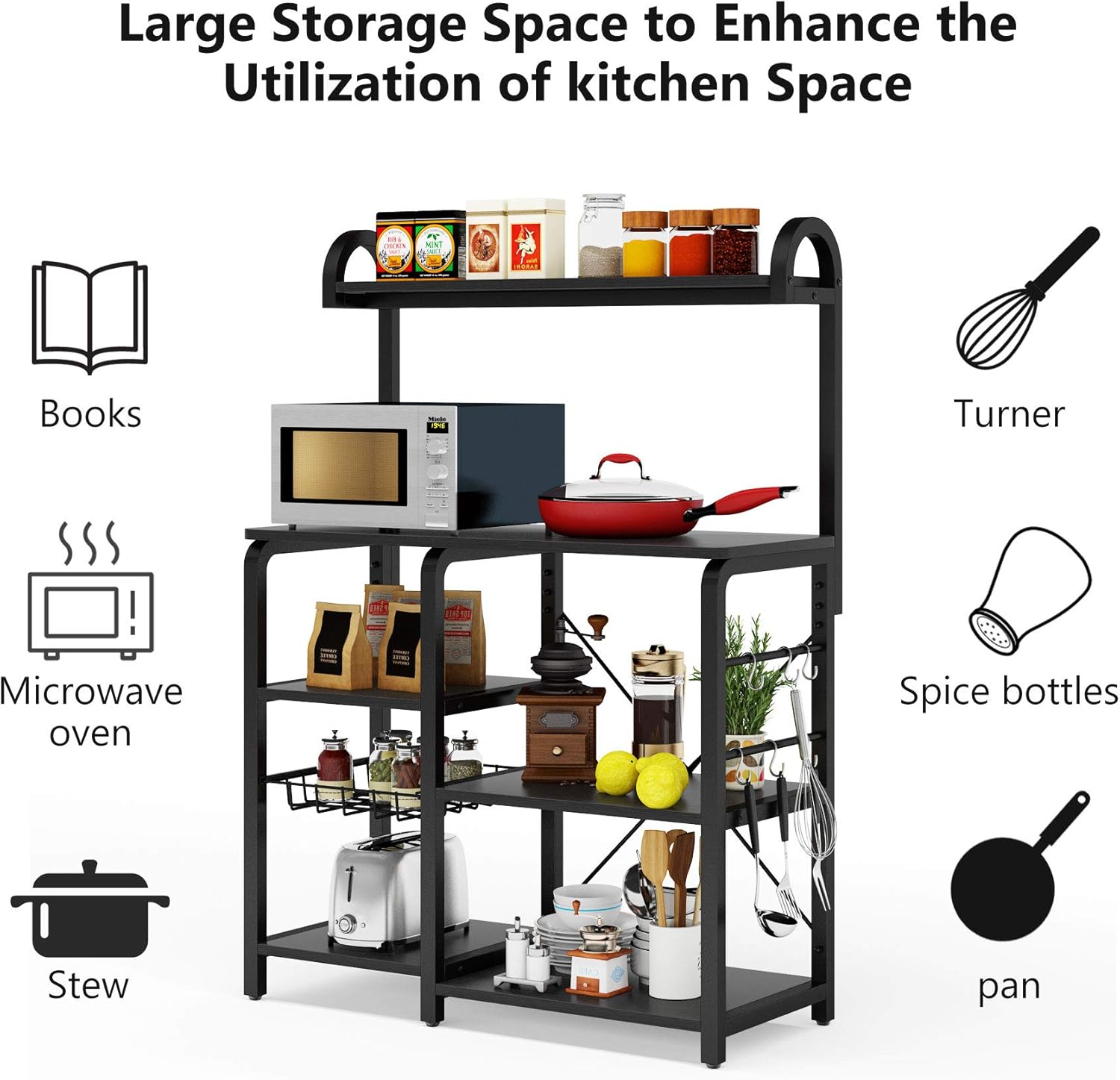 Tribesigns 35.5 inches Kitchen Baker’s Rack Microwave Oven Stand, Industrial Kitchen Cart Utility Storage Shelf Organizer Coffee Bar with Wire Basket and 6 Hooks (Black) - Standing Baker's Racks