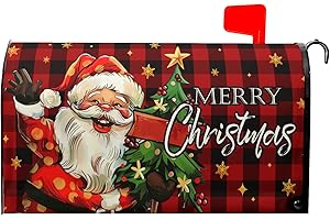 Kcozydecor Merry Christmas Santa Claus Mailbox Covers Magnetic Standard Size 18"" X 21"",Xmas Tree Red Buffalo Plaid Check Mailbox Wraps Post Letter Box Cover for Holiday Garden Yard Decor