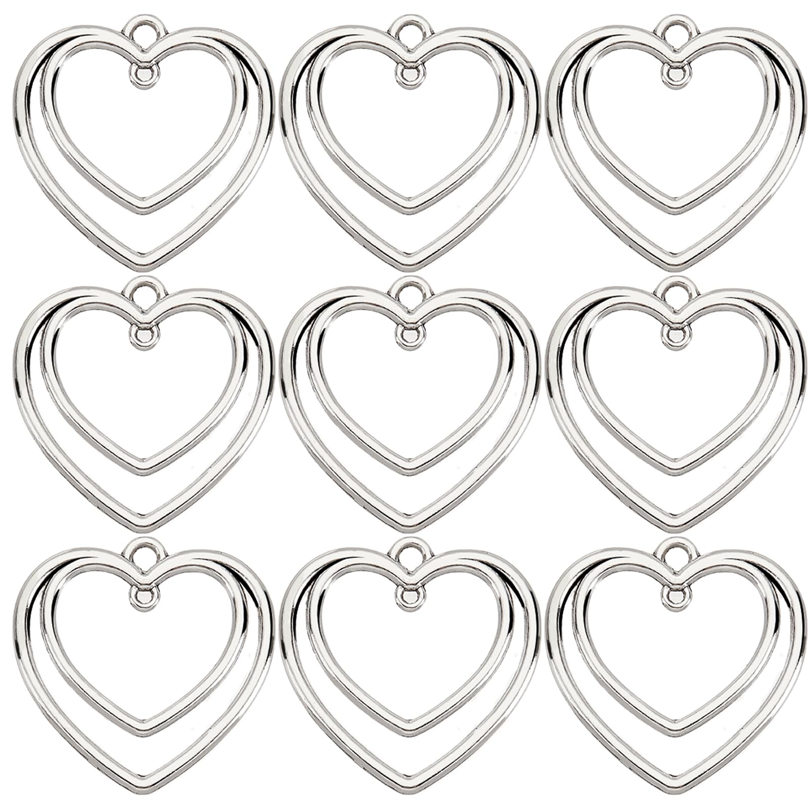 SUNNYCLUE 1 Box 50Pcs Heart Connector Charms Double Heart Charms Open Bezel Charme Love Charm Pressed Flower Blank Frame Hollow Charm Connectors for jewellery Making Charme Resin Work Antique Silver