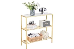 Wimarsbon 29.5" Narrow Console Table, 3-Tier Entryway Table, Thin Sofa Table with Shelves, Metal Frame, Side Table, Display Stand, for Hallway, Entrance, Living Room, Bedroom (Gold Frame White)