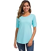 BeauNerine Women's Cotton Tops Scoop Neck Elbow Length Sleeve T Shirts Summer Basic Tunic Tee