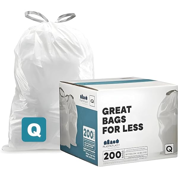 PLASTICPLACE CUSTOM FIT TRASH BAGS COMPATIBLE WITH SIMPLEHUMAN CODE Q (200 COUNT) DRAWSTRING GARBAGE BAGS 13-17 GALLON WHITE, TEAR-RESISTANT TALL KITCHEN TRASH BAGS FOR GARBAGE CANS RECYCLING 1.2 MIL
