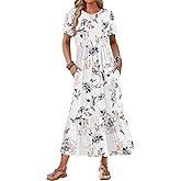 AUSELILY Womens Summer Dresses 2025 Short Sleeve Maxi Dress Crewneck Casual Sundresses with Pockets