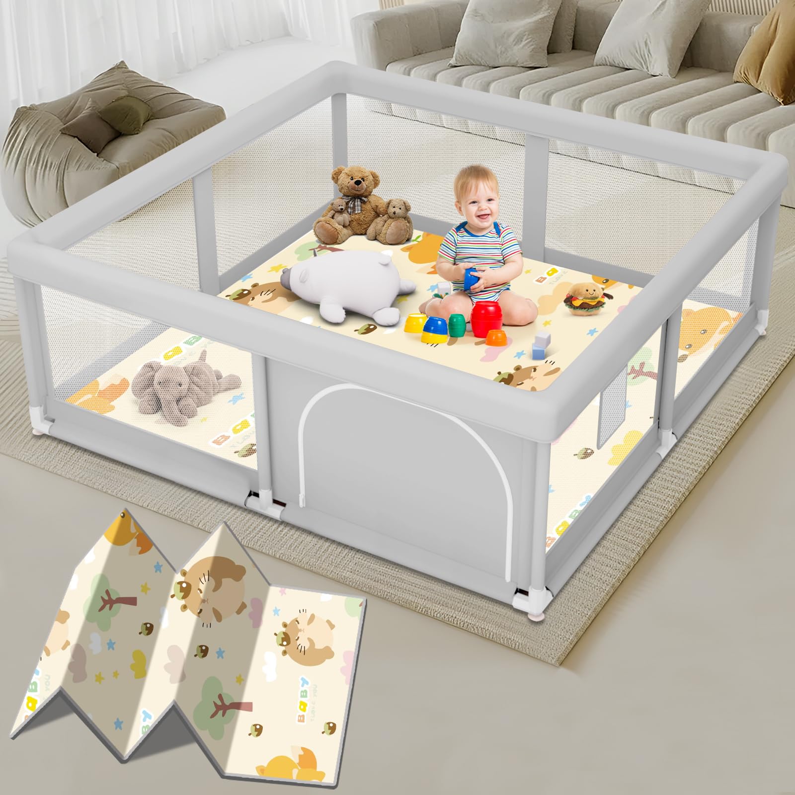 Photo 1 of Baby Playpen with Mat, 50 x 50 inch, PlayPen for Babies and Toddlers, Play Yards Indoor & Outdoor, Sturdy Safety Play Pen with Soft Breathable Mesh, Baby Fence