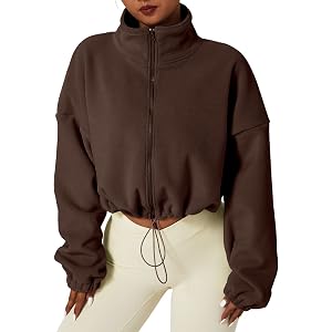 QINSEN Women's Full Zip Fleece Short Jacket Warm Winter Long Sleeve Stand Collar Sherpa Crop Coat