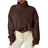 QINSEN Women's Full Zip Fleece Short Jacket Warm Winter Long Sleeve Stand Collar Sherpa Crop Coat