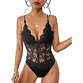 Everbellus Women Sexy Floral Lace Bodysuit Sheer Mesh Tank Tops Deep V Neck Corset Bodysuits Adjustable Strap Cami Top