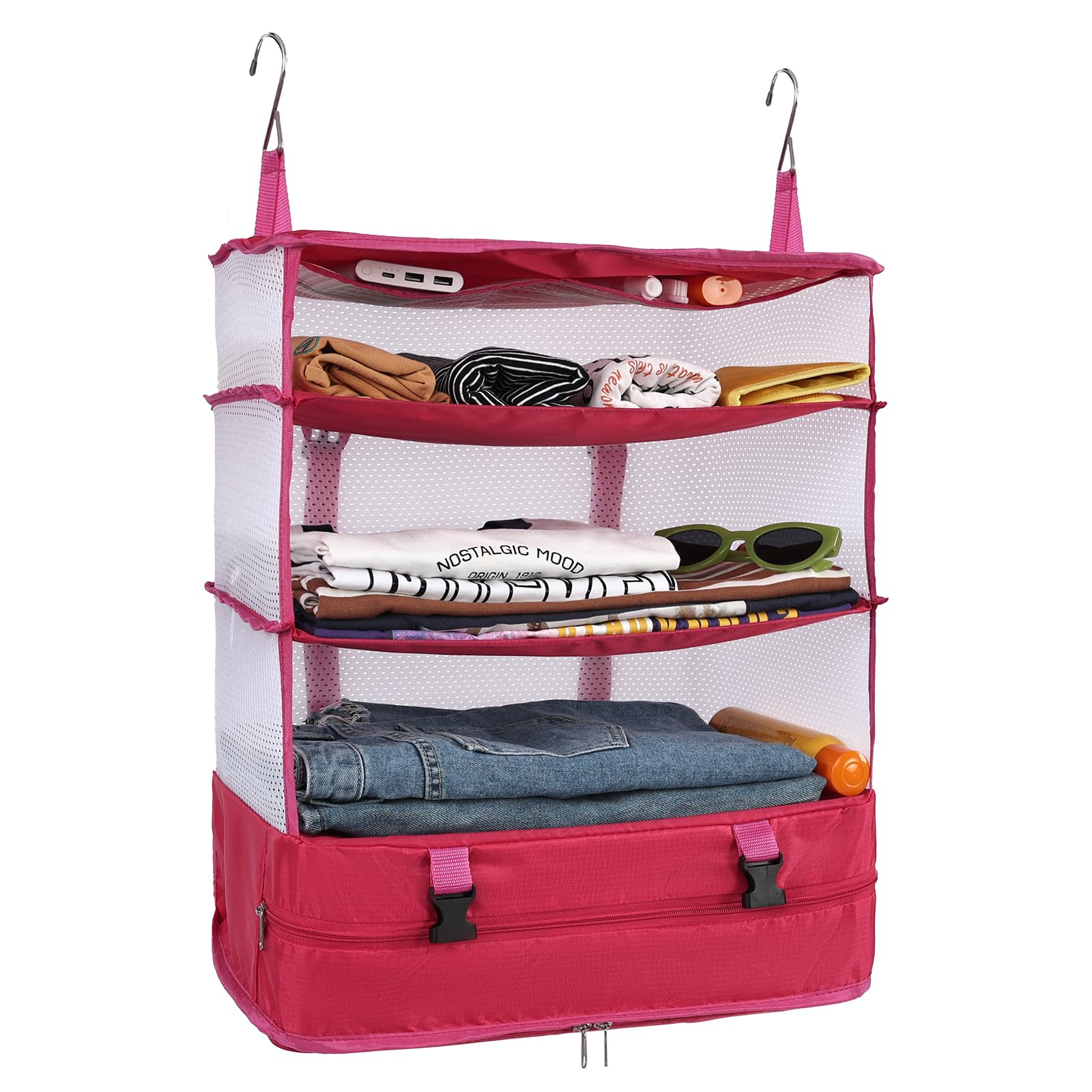 Surblue Hanging 3-Shelf Closet Organizer Foldable Travel Storage Bag for Clothes Washable Oxford Fabric with 2 Hooks Rose XL