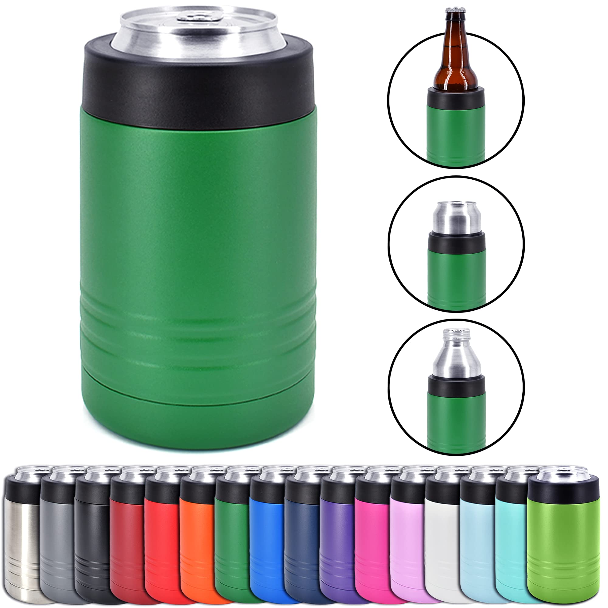 12 oz Stainless Steel Double Wall Vacuum Insulated Can or Bottle Cooler Keeps Beverage Cold for Hours - Also Fits 16 oz Cans - Powder Coated Green - Clear Water Home Goods
