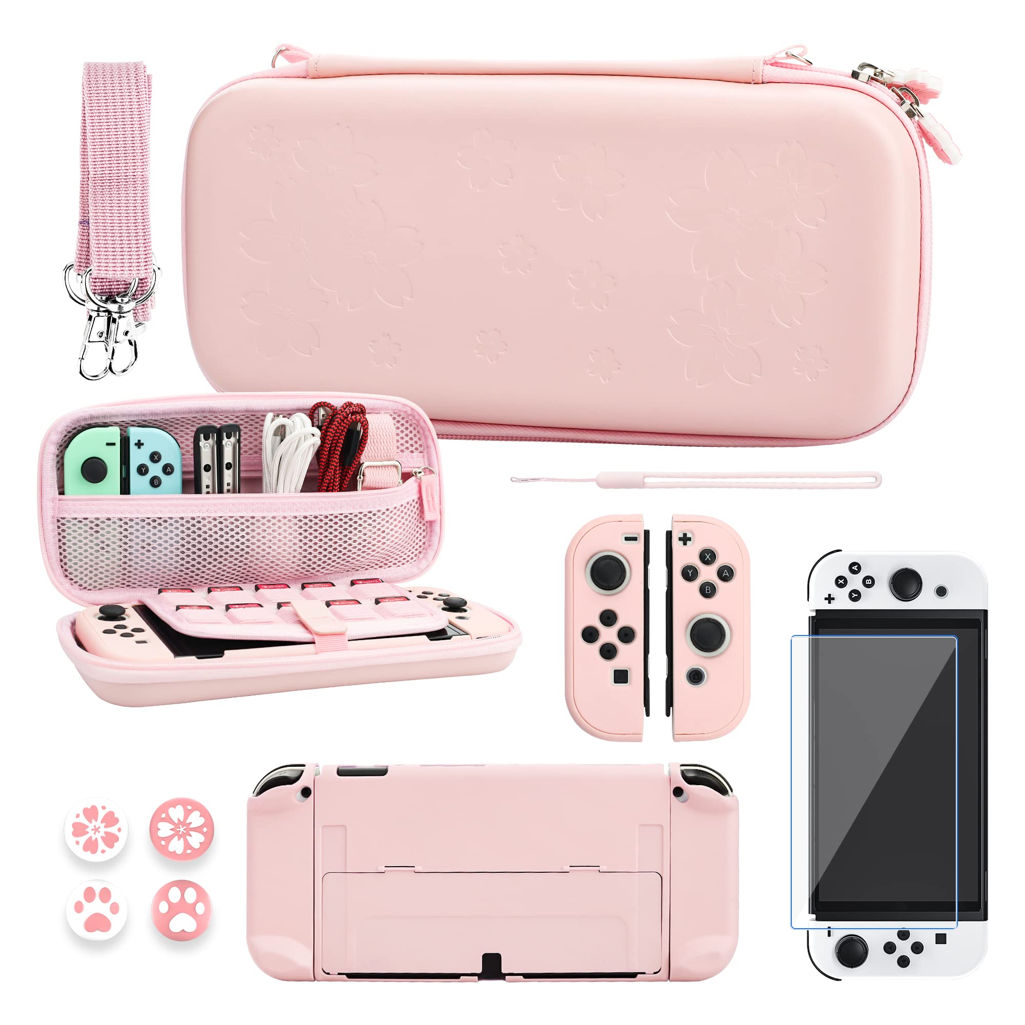 Photo 1 of RHOTALL Sakura Embossing Cute Carrying Case Set for Nintendo Switch OLED, Accessories Bundle for Switch OLED with Hard Case, Screen Protector, 4 Thumb Caps, Wrist Band and Shoulder Strap (Pink)