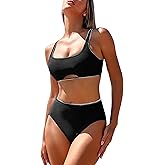 ZAFUL High Waisted Bikini Sets for Women Tummy Control Swimsuits Cut Out Bikini Tops Full Coverage Bottoms Bathing Suit