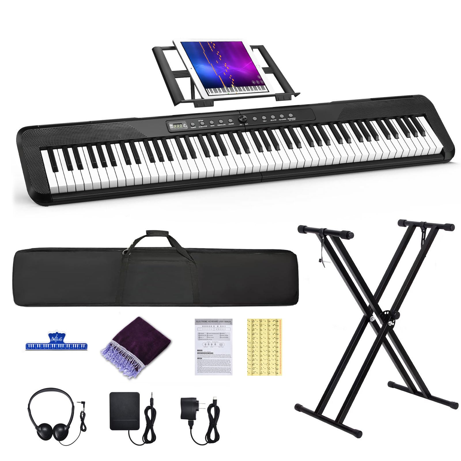 Photo 1 of 88 Key Digital Piano, Semi Weighted Electronic Keyboard Piano with Music Stand, Power Supply, Sustain Pedal, Stand, Bluetooth, MIDI, for Beginner Professional at Home, Stage