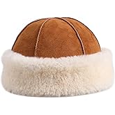 BOONJOVIA Unisex Genuine Sheepskin Leather Shearling Wool Beanie Hat, Winter Fur Cap, Hand Stitched