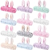 Wavyknot 12 Pcs Bunny Ear Headbands Skin Care Headbands Fuzzy Makeup Cute Cosmetic Head Wraps Flannel Shower Hairband Coral Fleece Elastic Spa Hairband for Washing Face Women