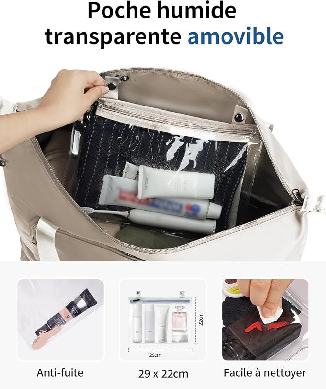 Sac de Voyage Femme, Bagages Cabine 45x36x20 Easyjet, Sac Voyage Cabine avec Amovible Poche Humide, Sac Avion Weekend, Bagage à Main Valise Léger Imperméable, d'Hôpital, Week-End, Beige, 30L