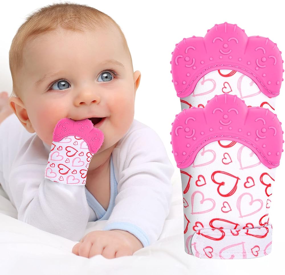 Vicloon Baby Teething Set 2 Pack Teething Mittens Silicone Glove Rose Red