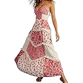 ebossy Womens Lace Patchwork Floral Maxi Dress Spaghetti Strap Sexy Backless Ruffle Tiered Boho Beach Sundresses