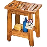 NNN 14" Compact Teak Shower Stool with Japan-Made Non-Slip Leveling Feet | US Patented Design, Marine-Grade Hardware, Pre-Oiled European Teak Oil, Ready, 300lb, for Small Baths Tubs &amp; Outdoor Pools