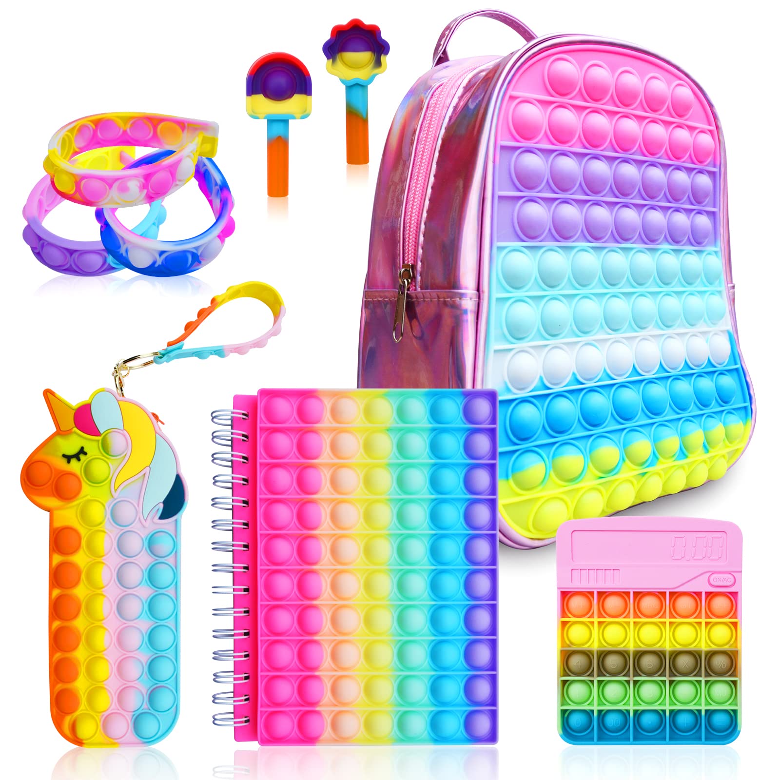 Photo 1 of Pop Fidget Backpack for Girls, Pop it Bags&pop it Notebook and Unicorn Pencil Case for Kids' Fidget School Supplies Stress Relief, Great Birthday Present Gift for Kids