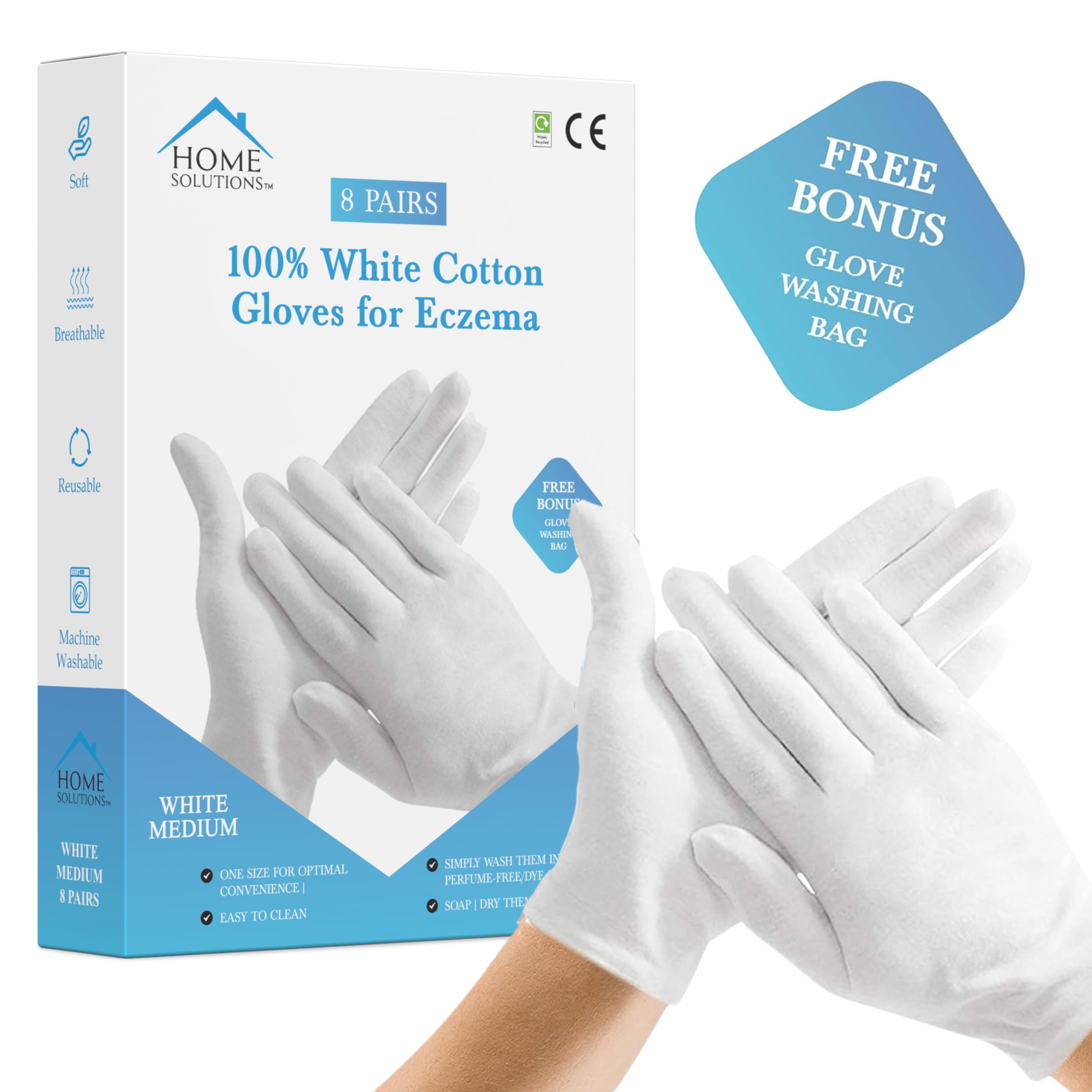 Premium Cotton Gloves for Eczema | 8 Pairs with Free Wash Bag | Men & Women Hand Moisturiser/Moisturising White Gloves for Dry Hands Overnight. (Medium Size)