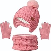 Kids Winter Hat Gloves Scarf Set,Beanie with Pom Earflaps Neck Gaiter Fleece Lined Touchscreen Gloves for Girls Boys 3-10Y