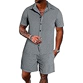 UOUA Mens Velour Tracksuit 2 Piece Outfits Short Sleeve Button Down Shirt and Short Sets Casual Sweatsuits