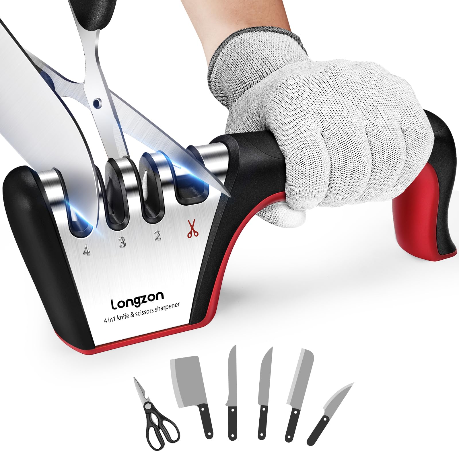 longzon Knife Sharpener - Professional 4 Stage Manual Sharpener for Sharpening Kitchen Knives, Scissors with Cut Protection Gloves- Suitable for Chef and Home — image 1