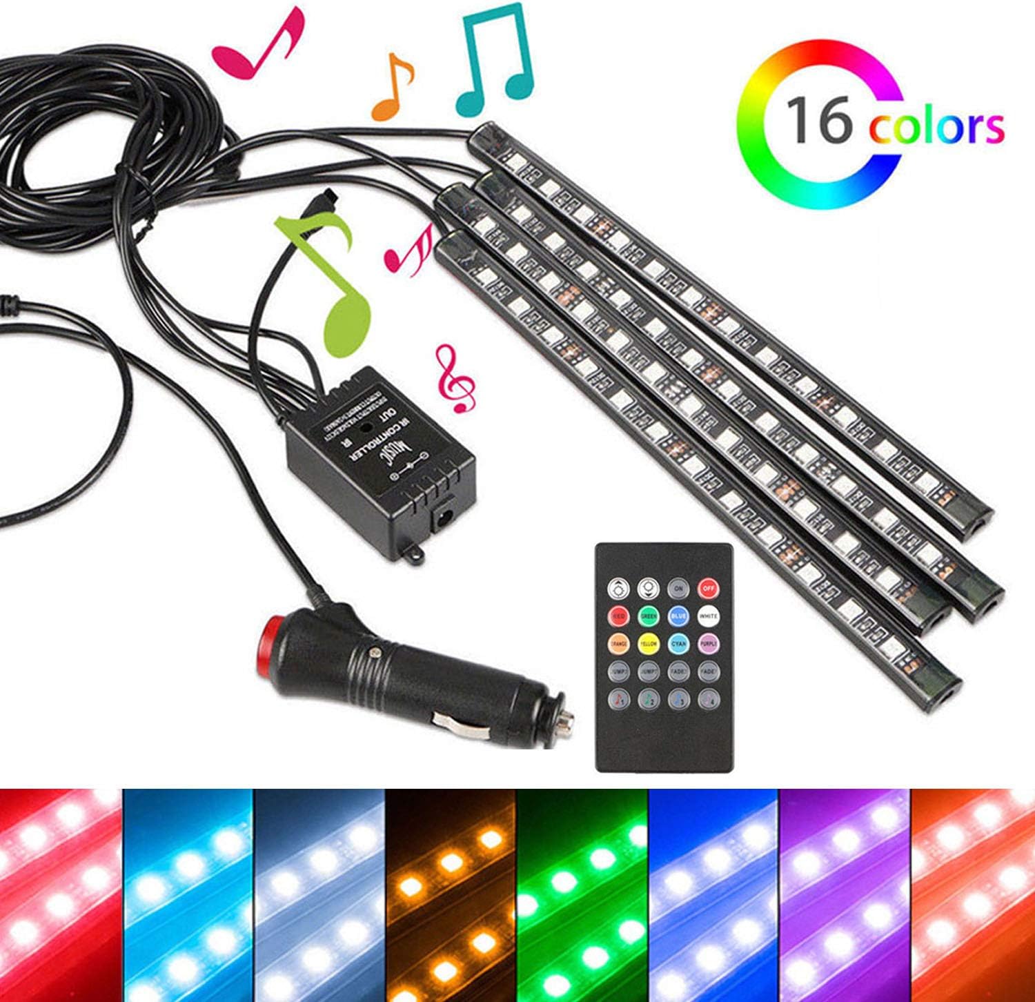 Car LED Strip Lights XTAUTO 4Pcs 48LED Multicolor Music LED Interior Atmosphere Decorative Light Under Dash Lighting Kit with Sound Active and Wireless Remote Controller