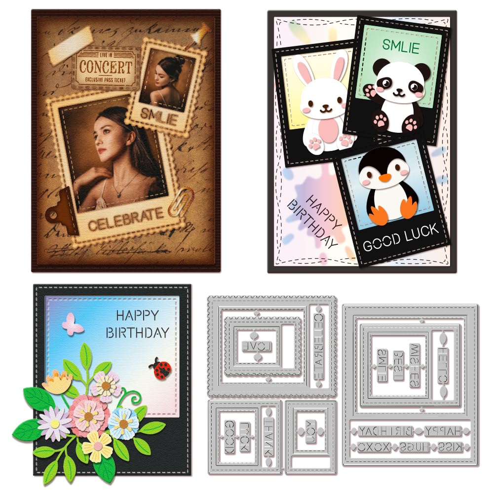 GLOBLELAND Metal Stitched Photo Frames Die Cuts Square Photo Frames Metal Cutting Die Best Wishes Text Die Cuts for DIY Scrapbooking Photo Album Decorative Embossing Paper Card