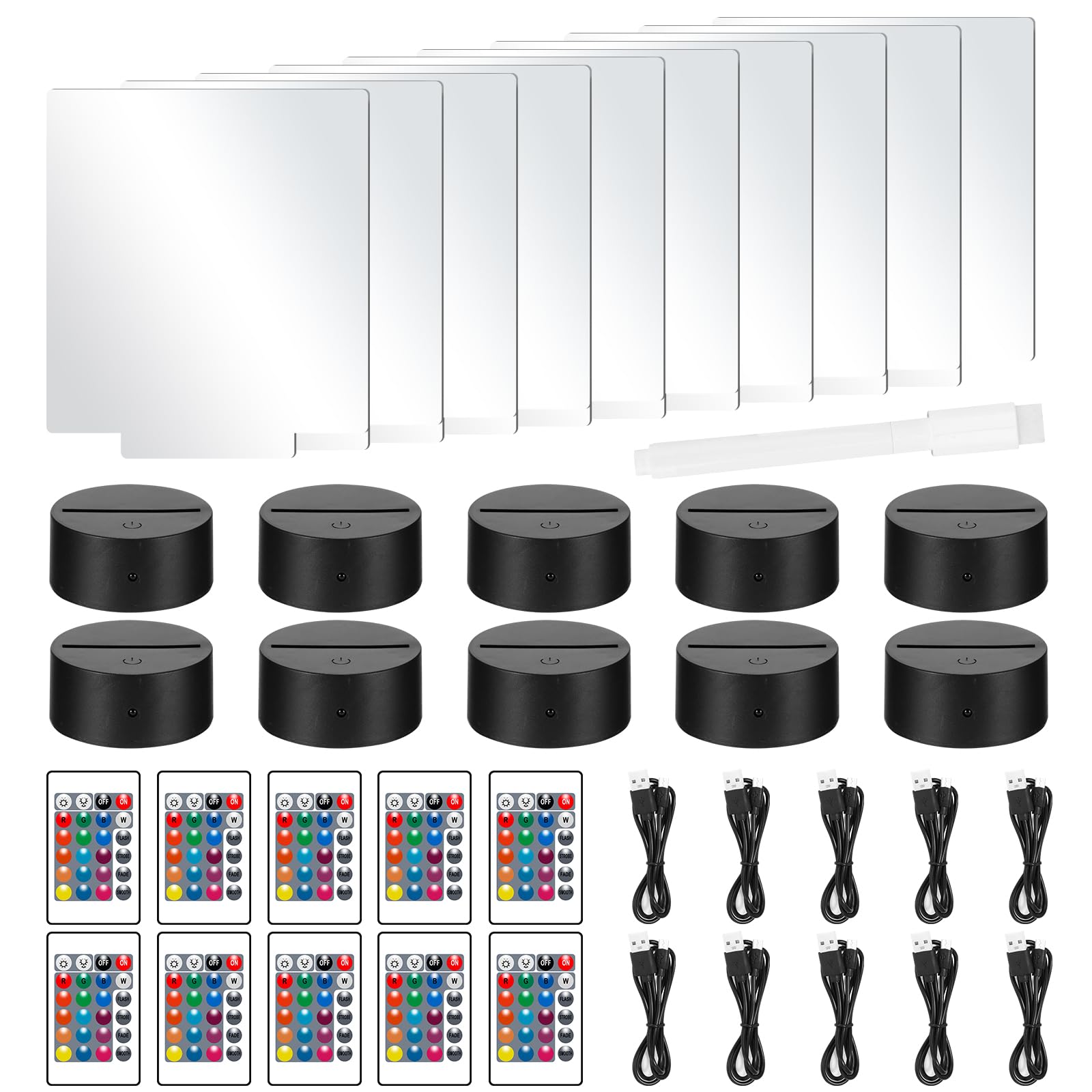 10 Sets 3D Night Light DIY Acrylic Lamp Base, 16 Colors 4 Modes Clear Acrylic Sheets, USB Night Light for Childroom, Bar, Cafe, Shop, Christmas Decoration