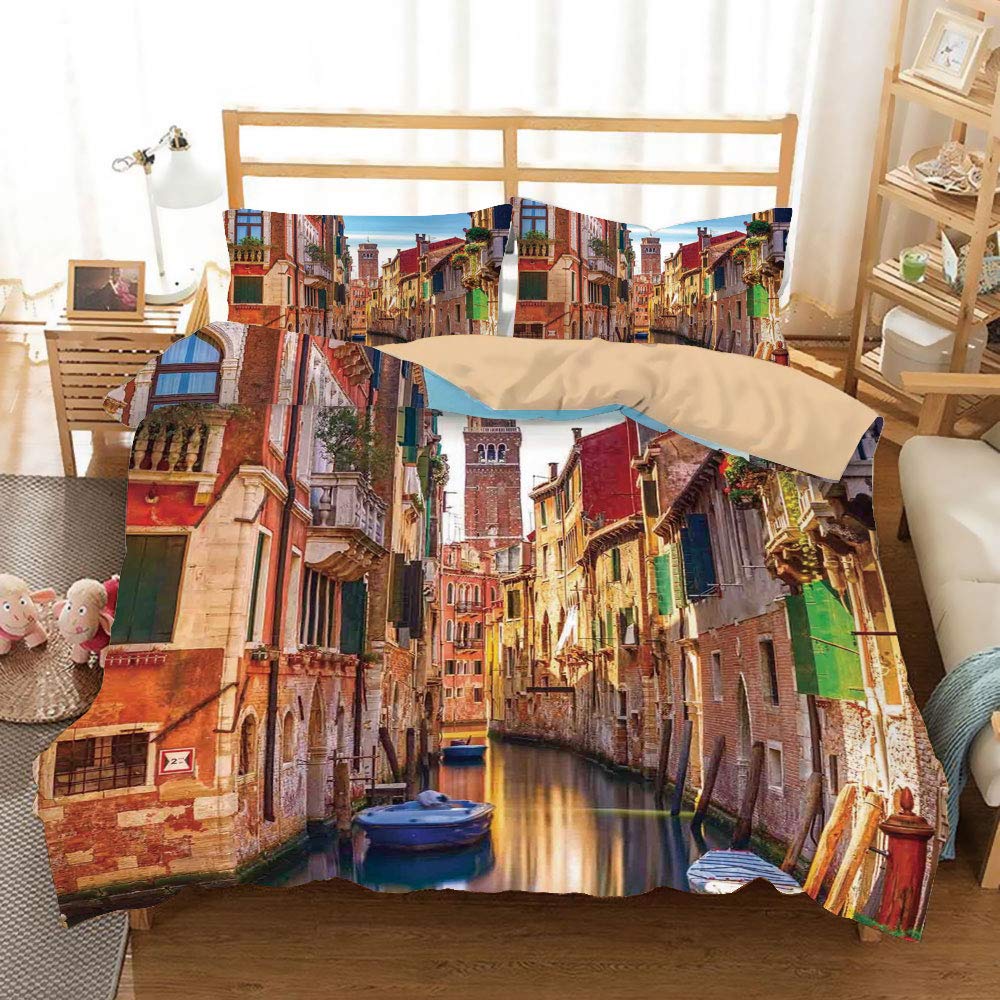 SoSung Cityscape Khaki Duvet Cover Set Full/Queen Size,Venice Cityscape Narrow Water Canal Building Traditional Old Buildings Heritage,Decorative 3 Piece Bedding Set with 2 Pillow Shams,Multi